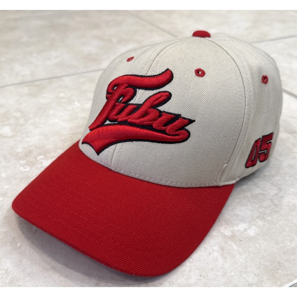 VTG FUBU Embroidered Y2K Hat Flexfit Tan Red Hip Hop Wool‎ Blend  Sz L Fitted
